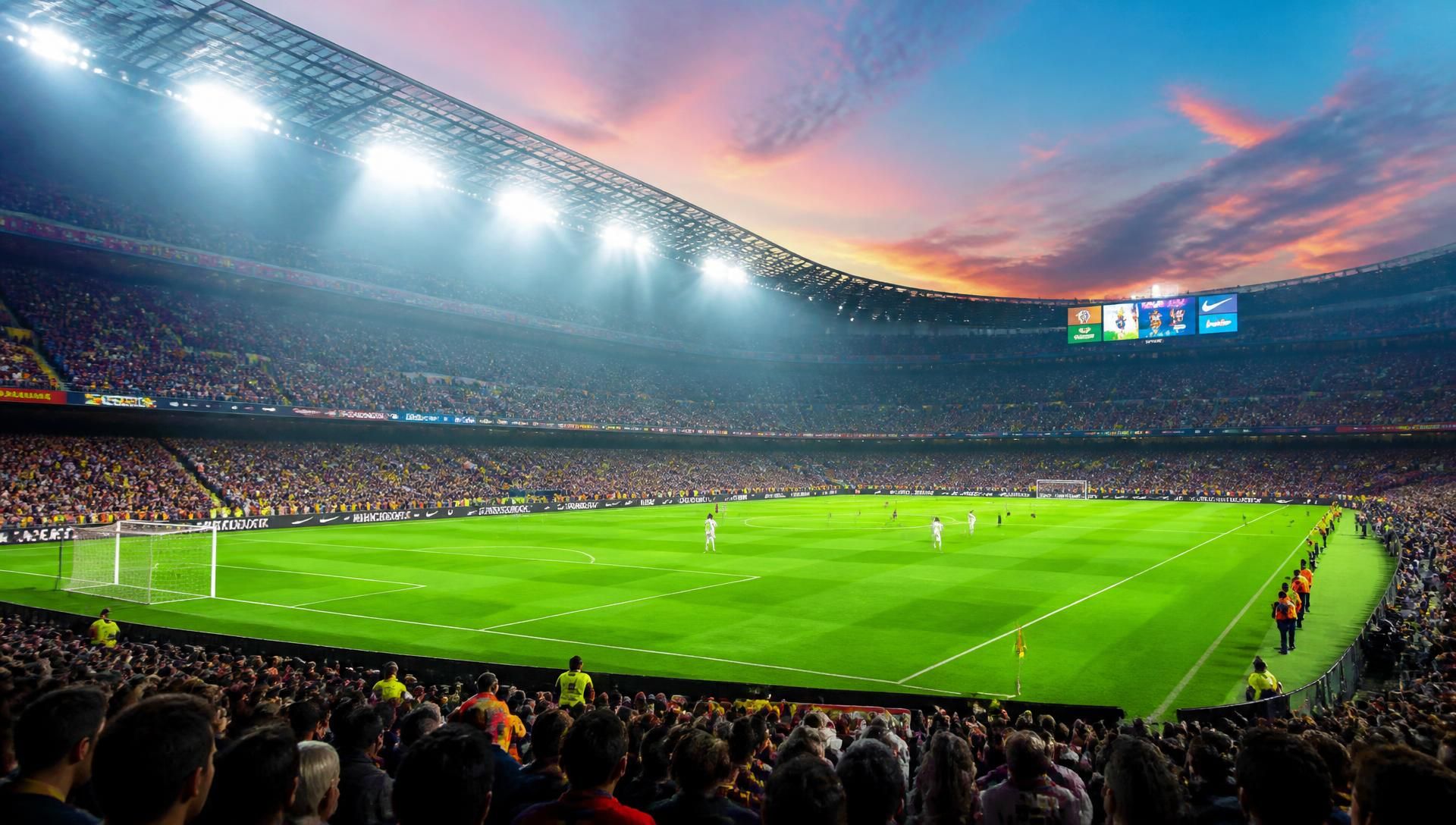 A floodlit football stadium at night, light beams cutting through the mist